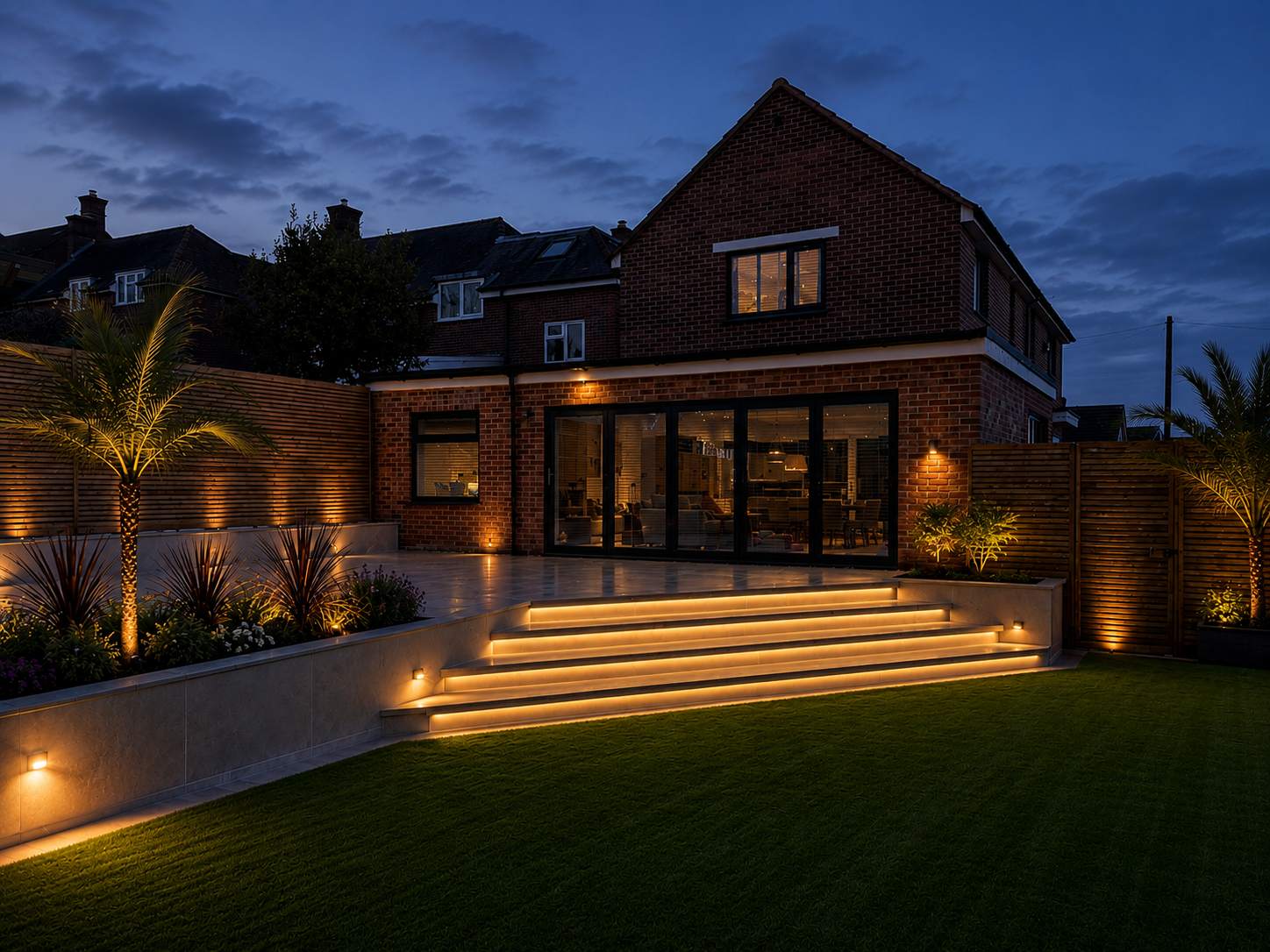 Modern brick home at dusk with a lit porcelain terrace and steps down to the lawn